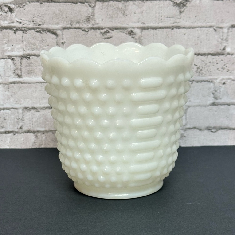 Vintage Fire King Hobnail & Bars Milk Glass Planter Vase Oven Ware 5.5 in USA
